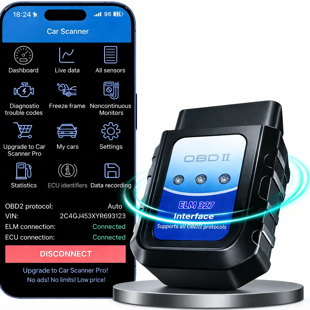 Portable Bluetooth OBD2 Scanner - OBDII Car Diagnostic Tool for iPhone iOS, Android, DIY Checks, Engine Fault Code Reader with Free Subscription App