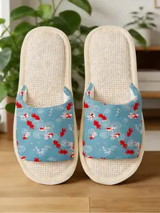 New Traditional Koi Print Home Slippers, Mesh Texture Linen Insole, Thick Soft Sole, Bedroom Tea Room All-Season Household Shoes