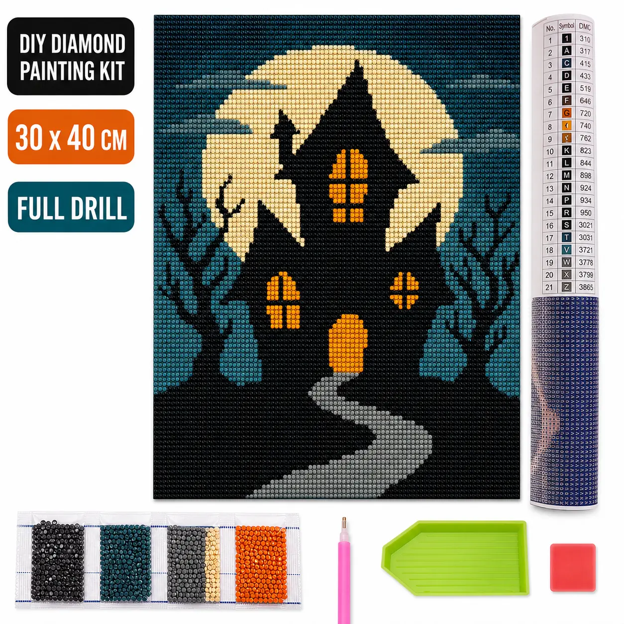 DIY Halloween Full Drill Diamond Art Craft Kit - Goth Haunted House with Glowing Windows, Unframed 30x40 cm Canvas for Gothic Decor