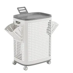 Plastic Laundry Basket with Lid, Wheels, Side Compartments and Brakes - Portable Clothes Hamper for Home Laundry Organization