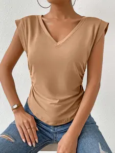 New Elegant Comfortable Fit Side Gathered V-Neck Women's Vest, Stylish Ladies' Top, Perfect for Casual Wear, Fashionable and Versatile