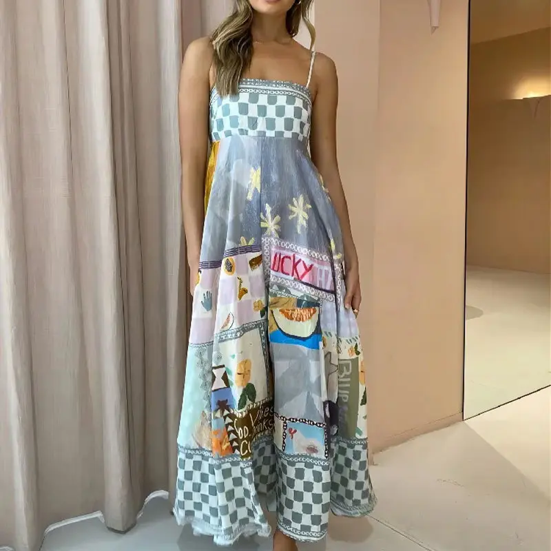 (New)2025 Spring Dress European and American New Sleeveless Neckless High Waist Printed Colorful Women's Dress Large Hem Strap Dress Casual Womenswear Summer Bohemian Multicolor Plaid 24549-Yellow Pattern On White Chic