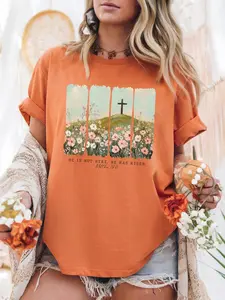 Comfort Colors He Is Risen Easter T-Shirt, Christian Faith Floral Graphic Tee Menswear Cotton