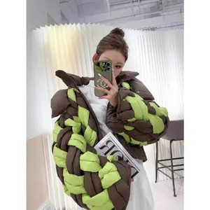 Winter Fashion Patchwork Twists Down Jacket Women White Duck Down Hooded Parker Outwear Female Zipper Loose Quilted Short Jacket