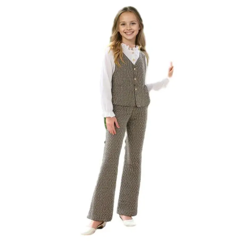 Tween Girl Fall Winter Elegant Retro Set, Patchwork Color Block Buttoned Lace Collar Long Sleeve Shirt and Plaid Flared Pants,As Gift 42505042