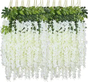 Hanging  - 24 count 3.75 / Artificial Wisteria Vine Ratta Hanging Garland Silk  for Home Party Wedding Decor (White-24pcs)