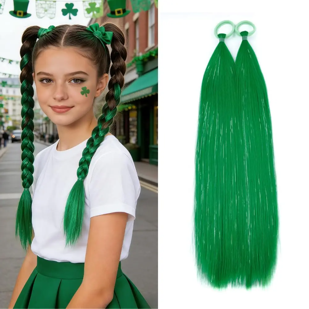 Dark Green Ponytail Extensions, Tinsel Hair Extensions for Women Girls Hair Accessories with Rubber Band Ponytail Hair Pieces Party Halloween Festival Wacky Hair Extension 2 count/lot