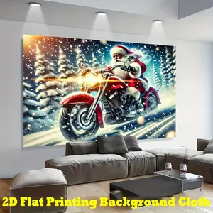 2D Flat, 1pc Santa Claus Motorcycle Christmas Banner - Durable Polyester Backdrop with Snowy Forest Scene, Red & Black Holiday Decor for Indoor/Outdoor Photography, Parties, Live Streaming, Christmas Decorations, Party Decoration, Festive Design, Vivid