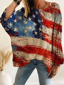 Spring & Summer Off-Shoulder Diamond Cutout Batwing Drop-Shoulder Loose Knit Top Knitwear. Contrast American Flag Element Print, Long Sleeve, Bohemian & Vacation Style, Casual Elegant Commute. Cover-up for Vests and Bikinis Womenswear.