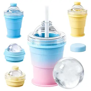 Silicone Freezer Cup with Lid 2-in-1 Collapsible Silicone Ice Ball Maker Cup Portable Ice Sphere Mold with Straw & Lid, Leakproof Travel Tumbler,Large Ice Cube Freezer Molds - Soup, Sauce, leftovers, Homemade Meal Prep Freezing Kitchen Utensils,summerwins