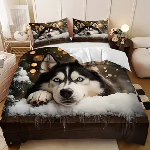 3-piece bedding set - Winter Fun Husky Snowscape Design Down Comforter Set (1 comforter cover + 2 pillowcases, filling not included) - A perfect gift for family and friends. Soft and comfortable, suitable for family bedrooms and guest rooms.
