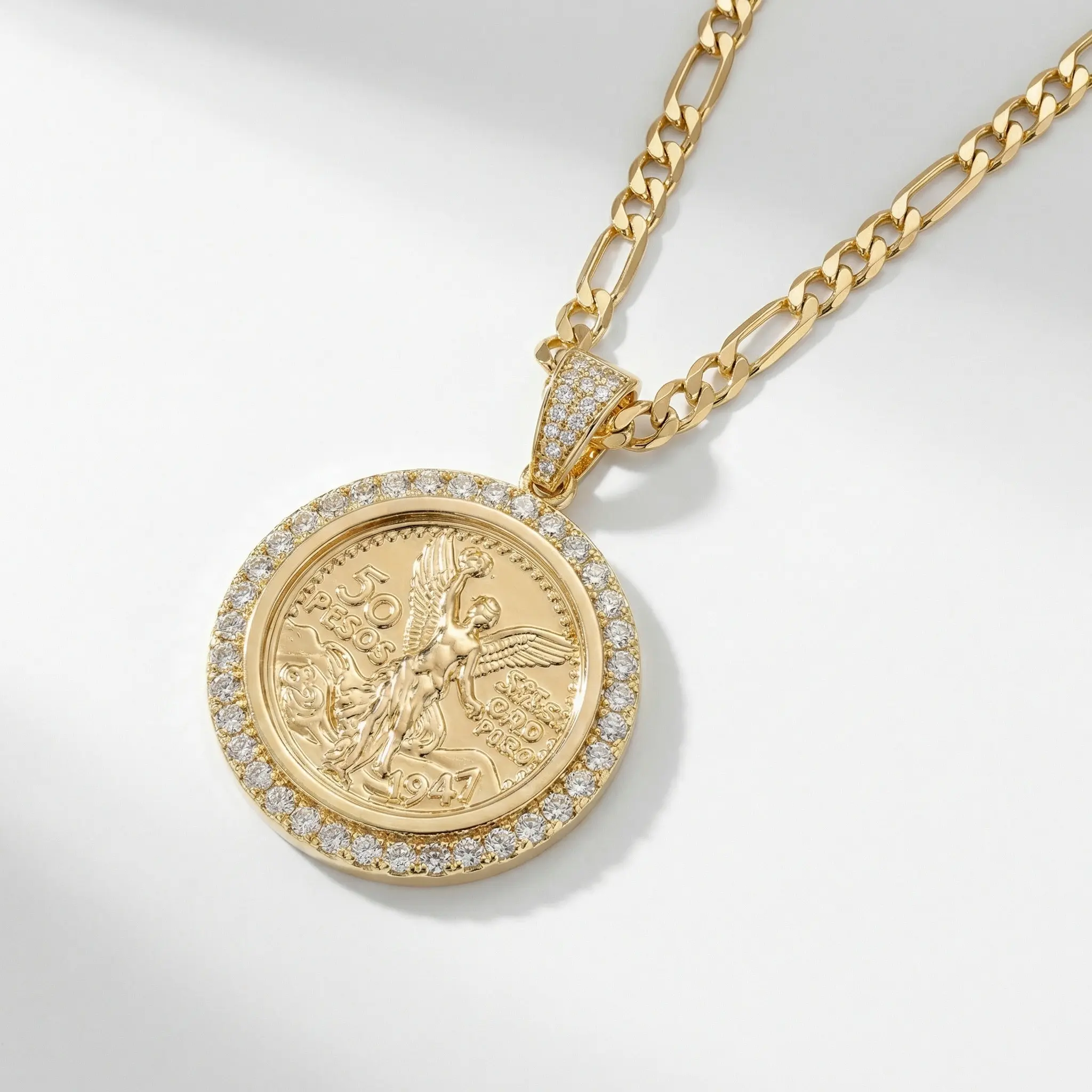 Centenario Gold Coin Pendant Necklace – 14K Gold Plated 22" Figaro Chain 4.5MM, Tarnish-Free Latino Jewelry