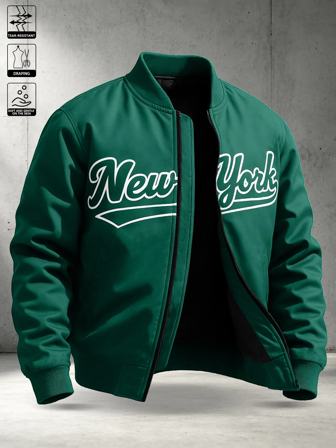 Men’s vintage New York print flight jacket featuring a full zip front, tear-resistant woven fabric, slim fit—ideal for city commuting, short rides, light hiking, and everyday casual wear.