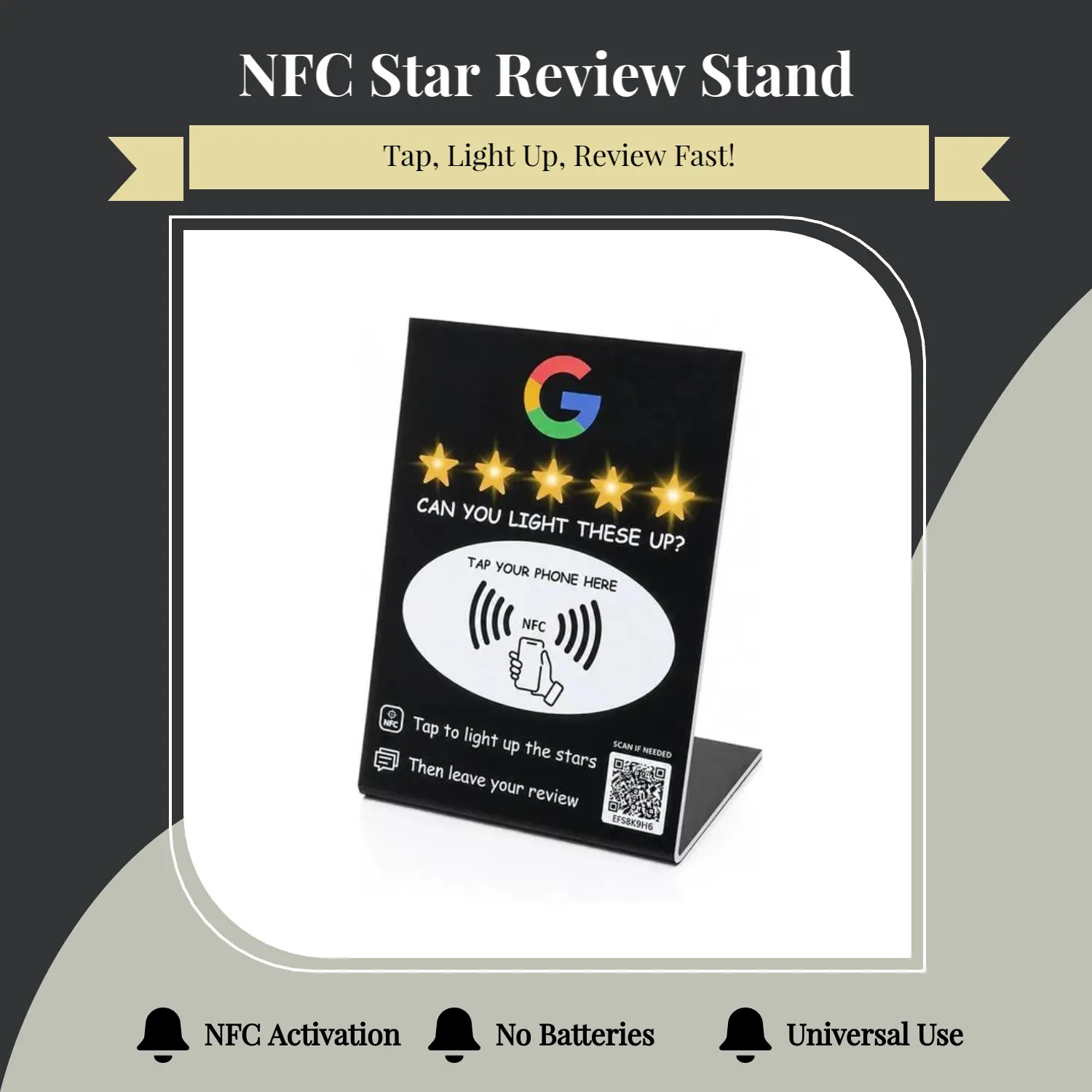 NFC Star Review Sign – Tap to Light Up & Review – No Battery Needed