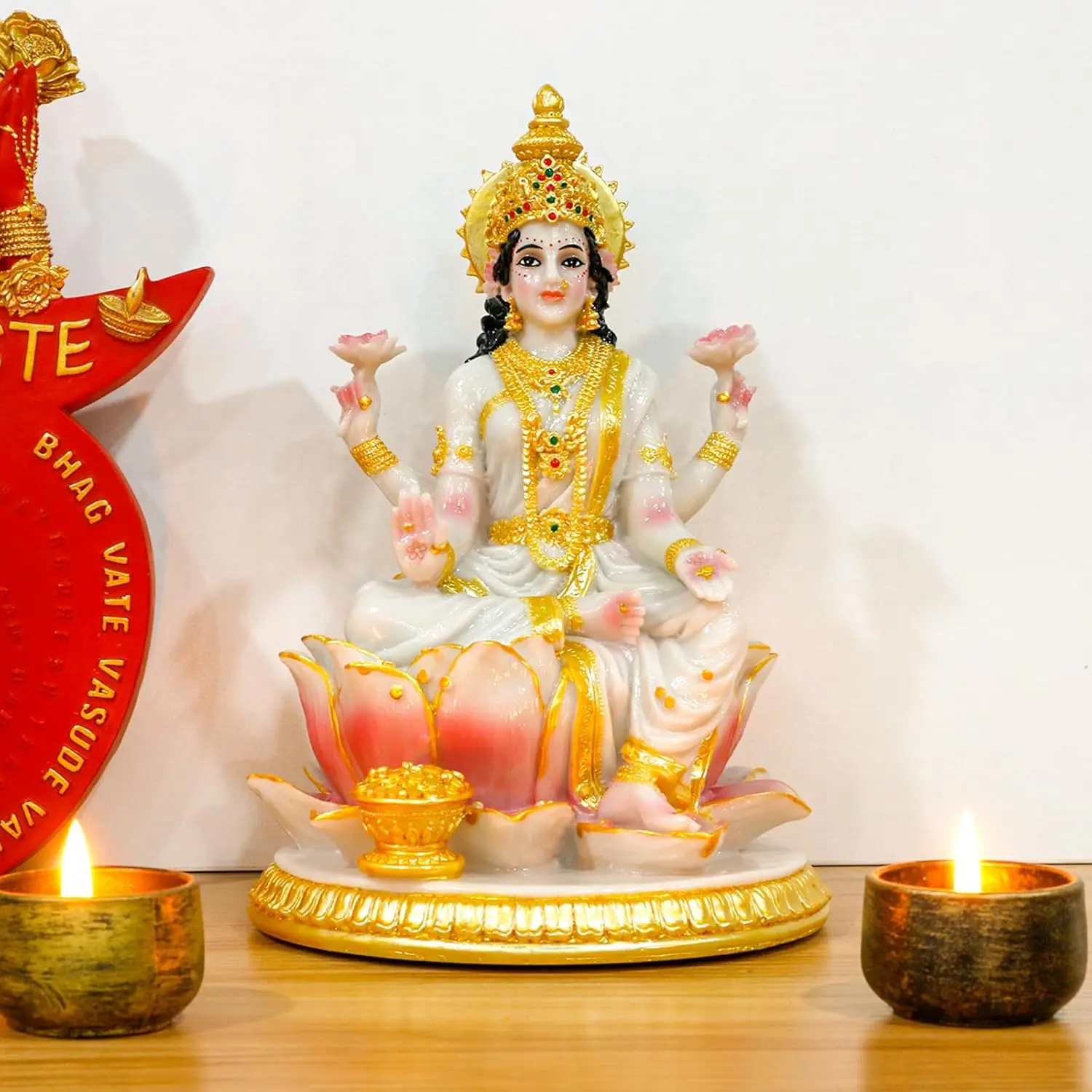 alikiki Indian Goddess Lakshmi Statue - 8.7" H Marble Color Hindu Laxmi Devi Idol Diwali Gift for Indian Friends Murti Pooja Item Home Office Mandir Temple Altar Puja Decoration