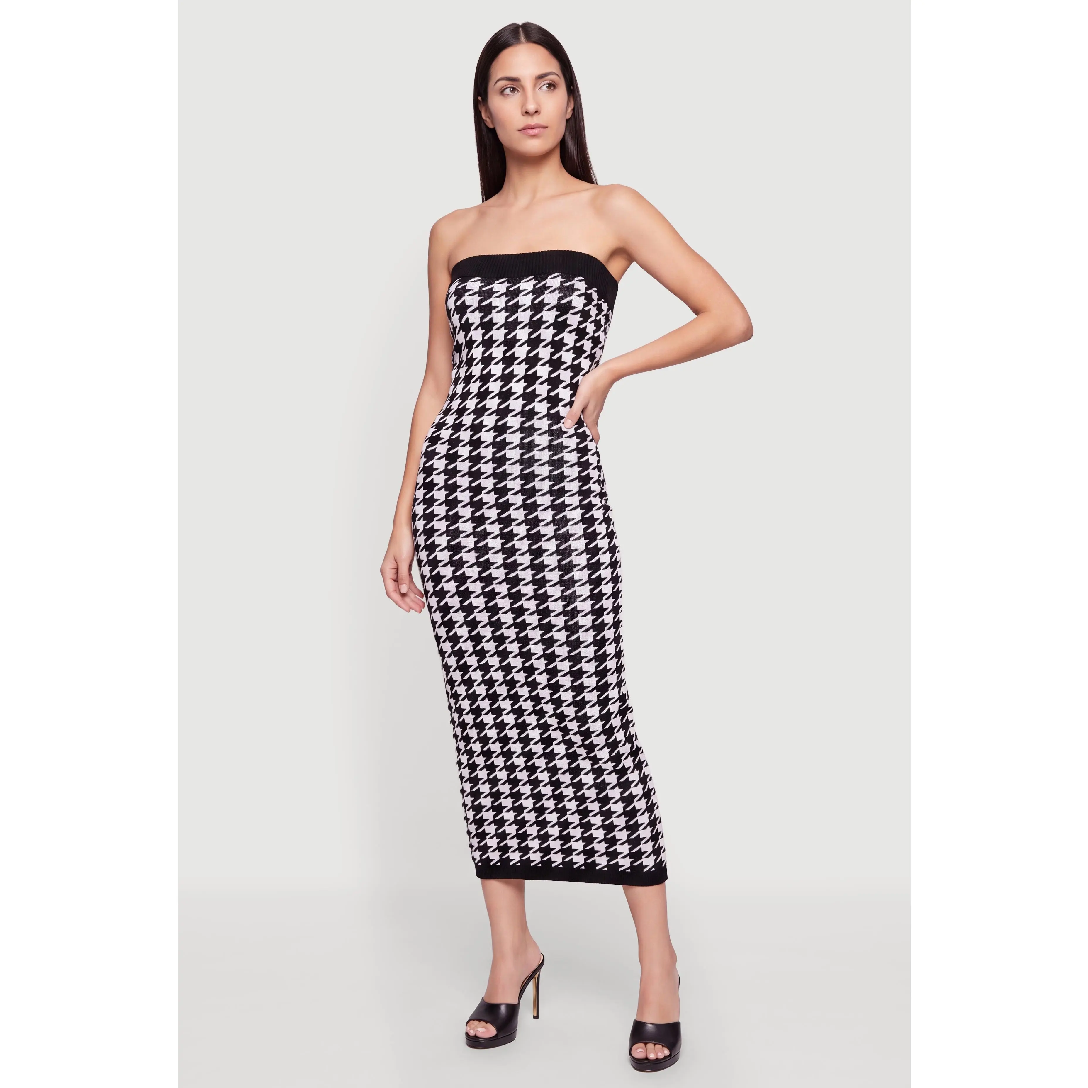 Houndstooth Plaid Tube Midi Sweater Dress