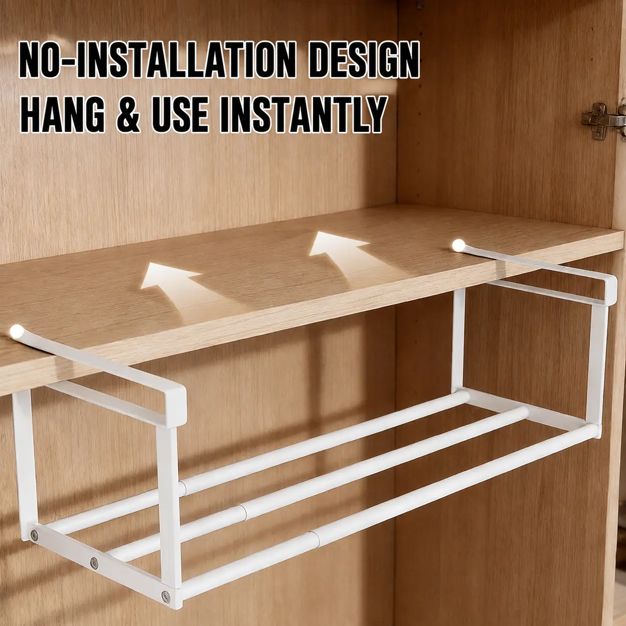 Expandable Under Shelf Shoe Rack No Installation Hanging Cabinet Organizer Adjustable Carbon Steel Storage Shelf for Closet Wardrobe Kitchen Bathroom Space Saving