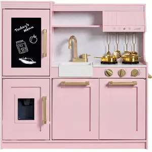 Best Choice Products Wooden Pretend Play Kitchen for Kids, Interactive Playset, 11 Accessories - Rose with Herringbone