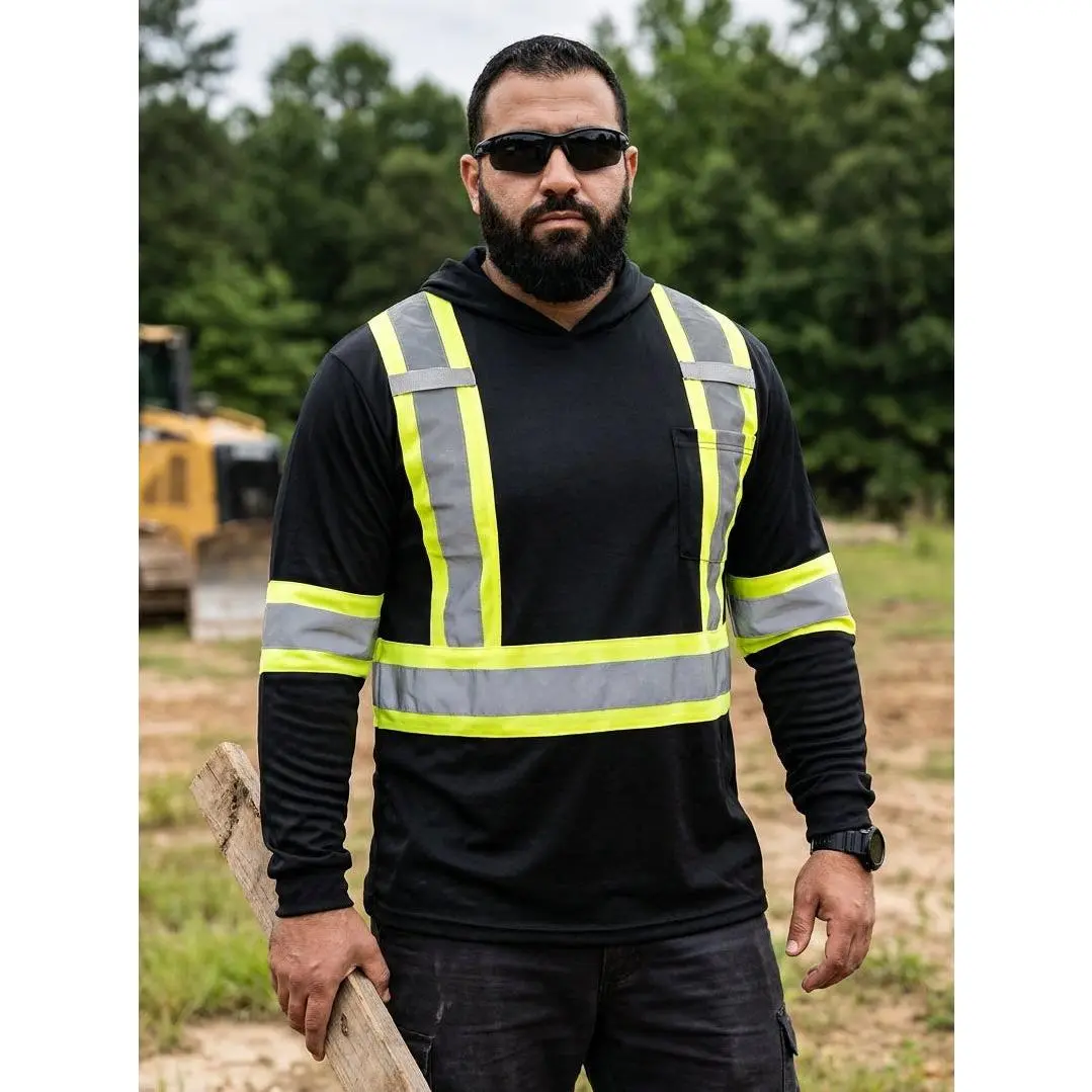 Long Sleeve Hooded Work Shirt with Reflective Stripes & Front Pocket – 100% Polyester