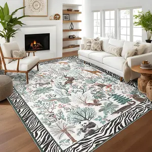Jungle Floral and Animal Print Rug Soft Non-slip Foldable Interior Decorative Rug Washable for Bedrooms Dining Rooms Playrooms Offices Laundry Rooms Hallways