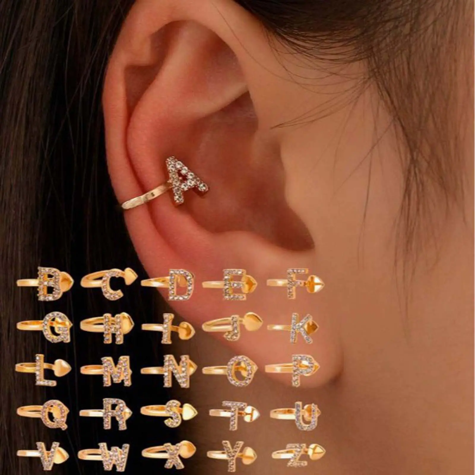 Single A-Z Zircon Letter Ear Cuff No Piercing Initial Jewelry for Men Women Couples, Personalized Daily Gift for Birthday or Anniversary