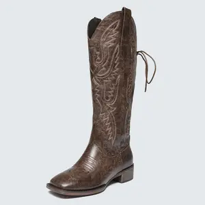 KVONE Knee High Cowboy Cowgirl Boots for Women, Stylish Western Boots.Side zipper, heel lacing design, convenient for putting on and taking off