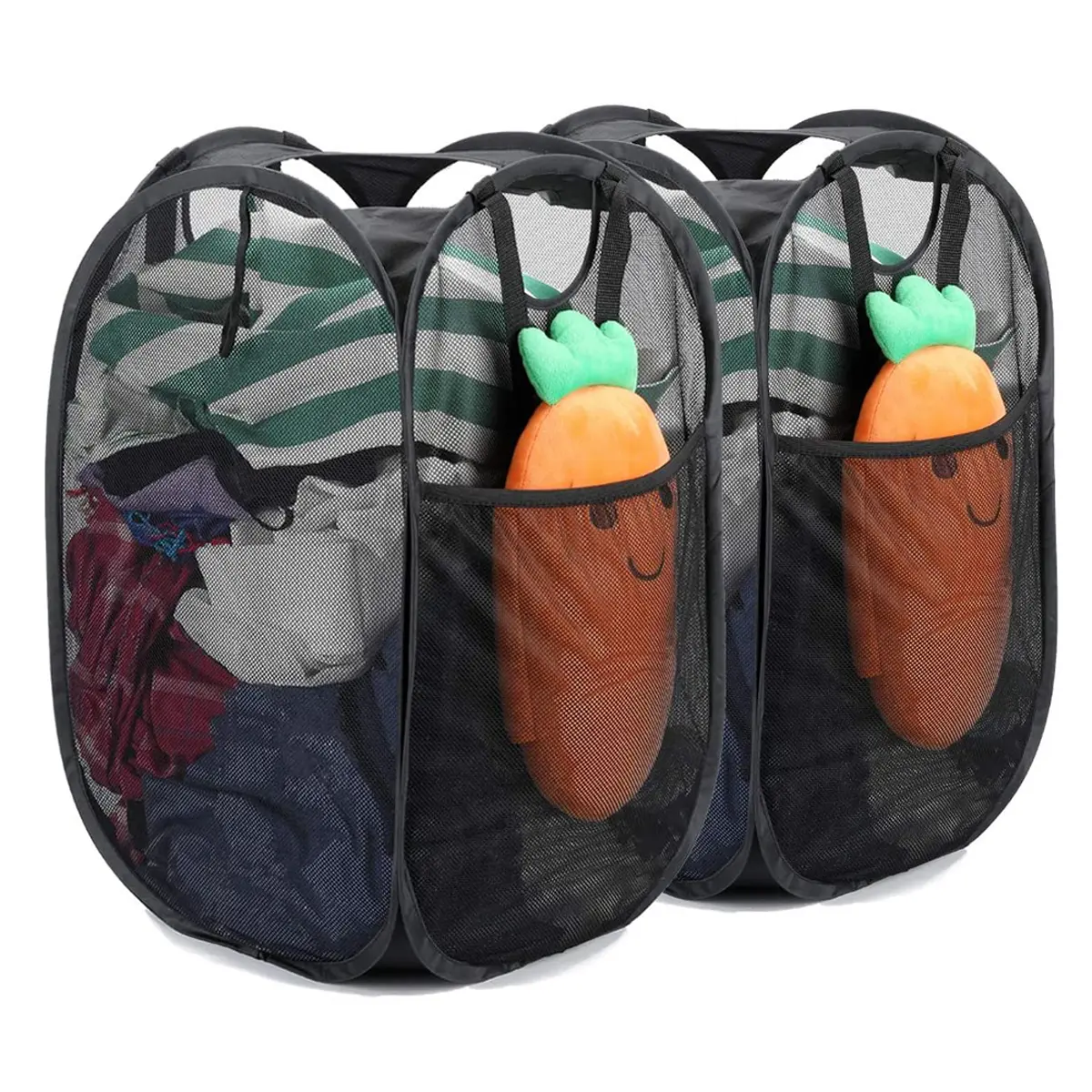 Strong Mesh Pop-up Laundry Hamper, Quality Pop Up Hampers for Laundry with Durable Handles Solid Bottom High Carbon Steel Frame, Easy to Open and Fold Flat for Storage