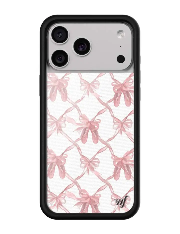 Pink On Pointe | Limited Edition Trendy iPhone Case | Raised Protective Black Bumper | Women Owned Small Business | White Background Briht Pink Ribbon Designs | Safety Casing Protective | Gift for Her