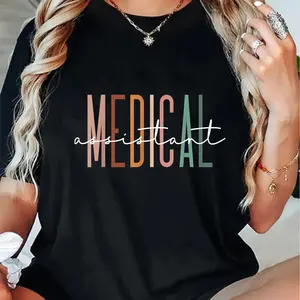 100% Cotton Medical Assistant T-Shirt, Crew Neck, Style, Breathable & Absorbent Knit Fabric, All-Season Comfort, Medium Stretch - Alphabet Pattern Tee for Nurses and Students