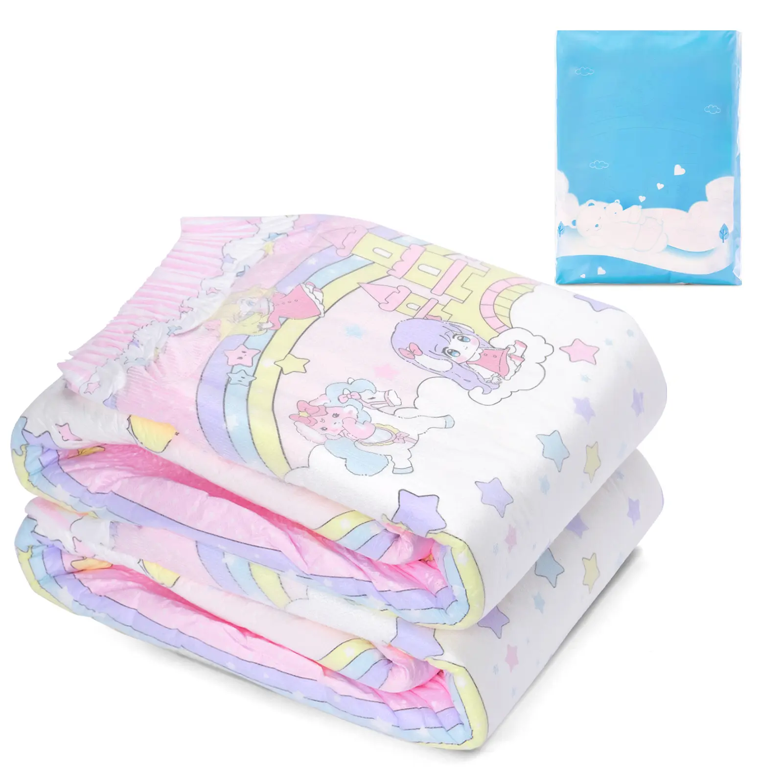 LittleForBig Adult Cloth Back Diaper 2-Piece Sample Pack, Ultra-Absorbent 7000 mL Capacity, Adjustable Hook-and-Loop Fastener Closure, Fairy Littles in Dreamland Print