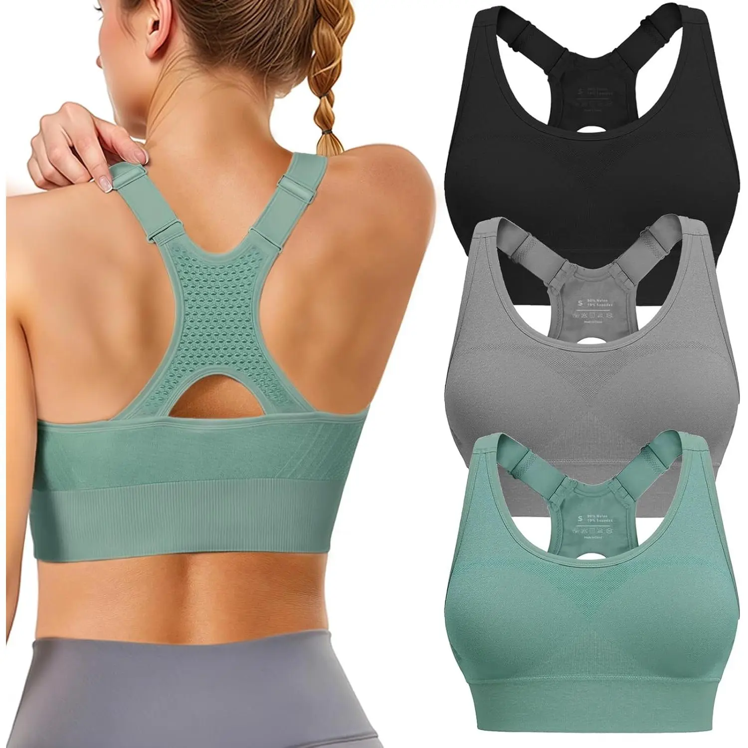 Women's Adjustable High-Support Padded Racerback Sports Bras, 3-Pack for Large Busts - Gym Fitness, Full Motion, Push Up Lift, Running Workouts