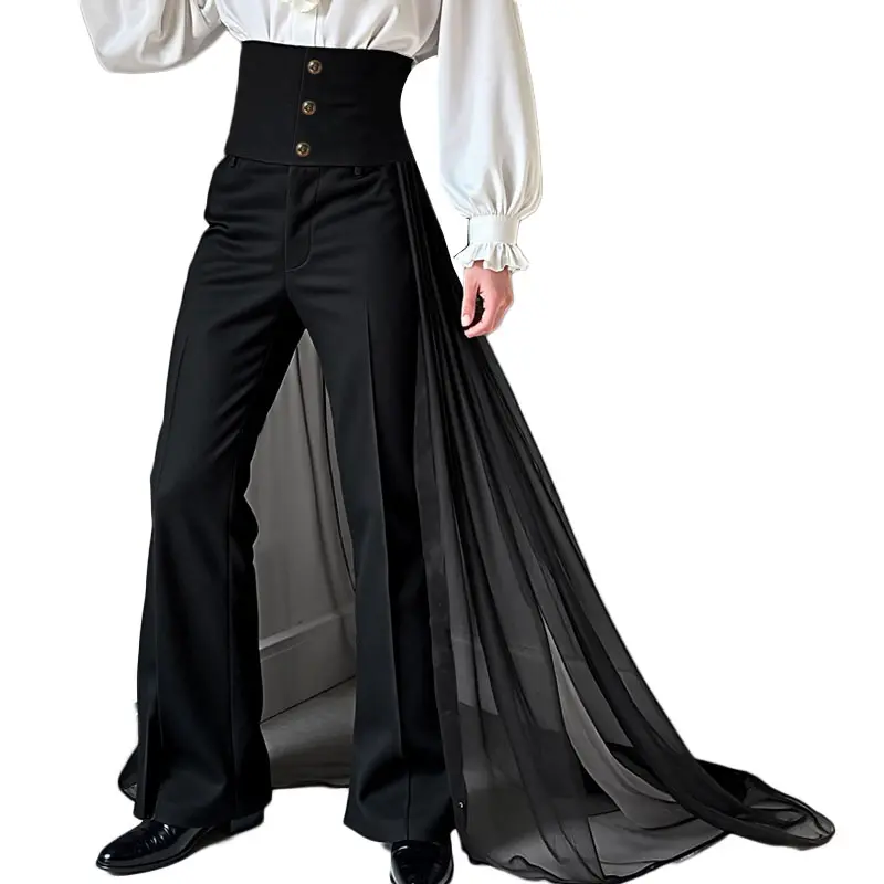 INCERUN Men's Vintage High-Waist Corset Pants with Button, Attached Sheer Train, Slim-Fit Flared Formal Trousers for Evening Gala, Wedding & Stage Performance, Attached Train, Classic