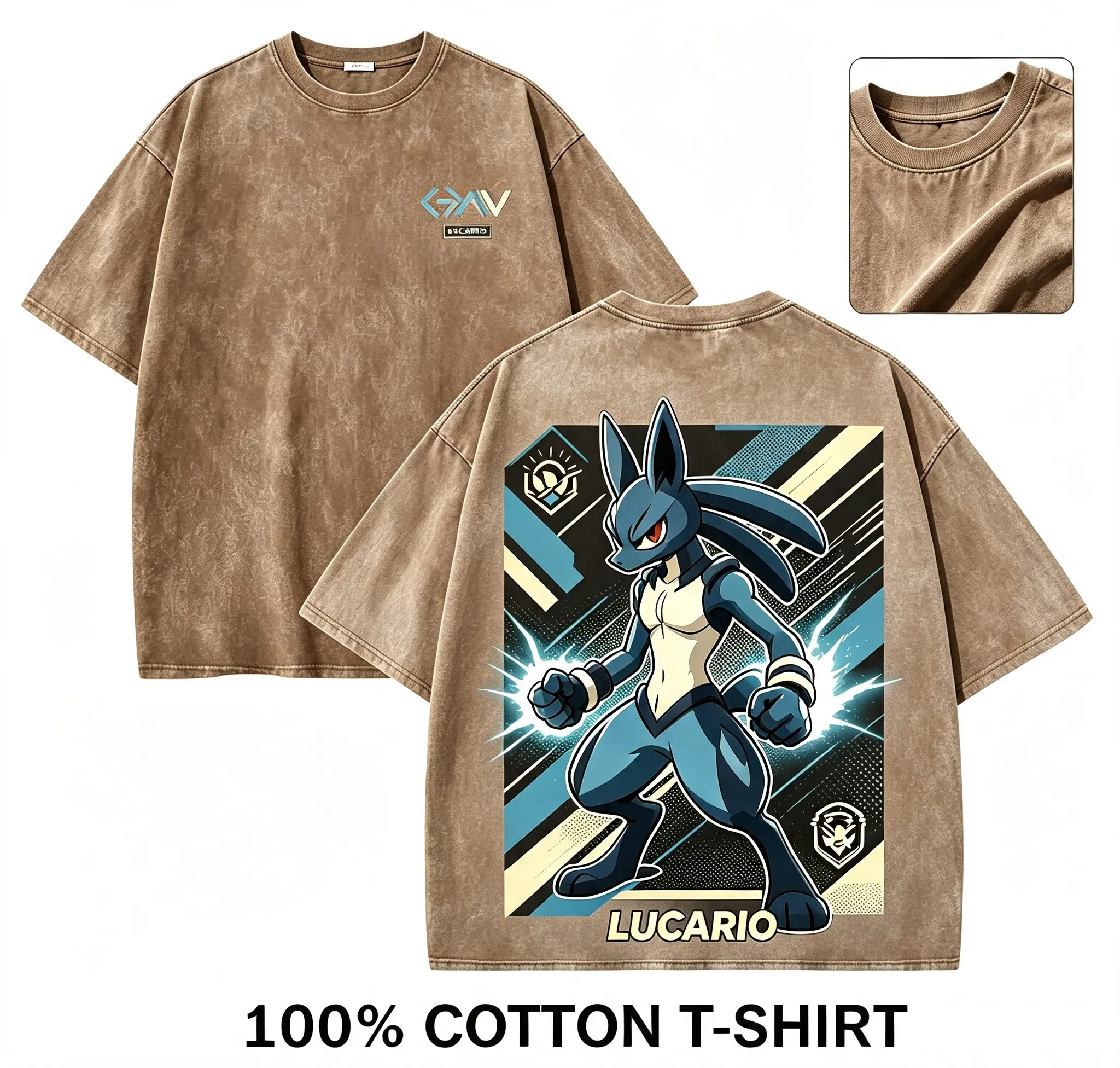 Men's Oversized 100% Cotton Short-Sleeve T-Shirt - Unisex Retro Lucario Dual-Sided Battle-Style Pokemon Print Vintage Wash Casual Streetwear Top for Pokemon Enthusiasts   graphic shirt
