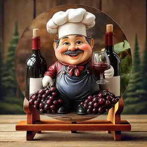 1pc 2D Plane Italian Chef Wine Bottle Rack Sculpture - Aluminum Round Wall Art with Wine Glass and Grape Decoration, Classic Home or Bar Decoration, Durable Metal Piece, Sturdy Design