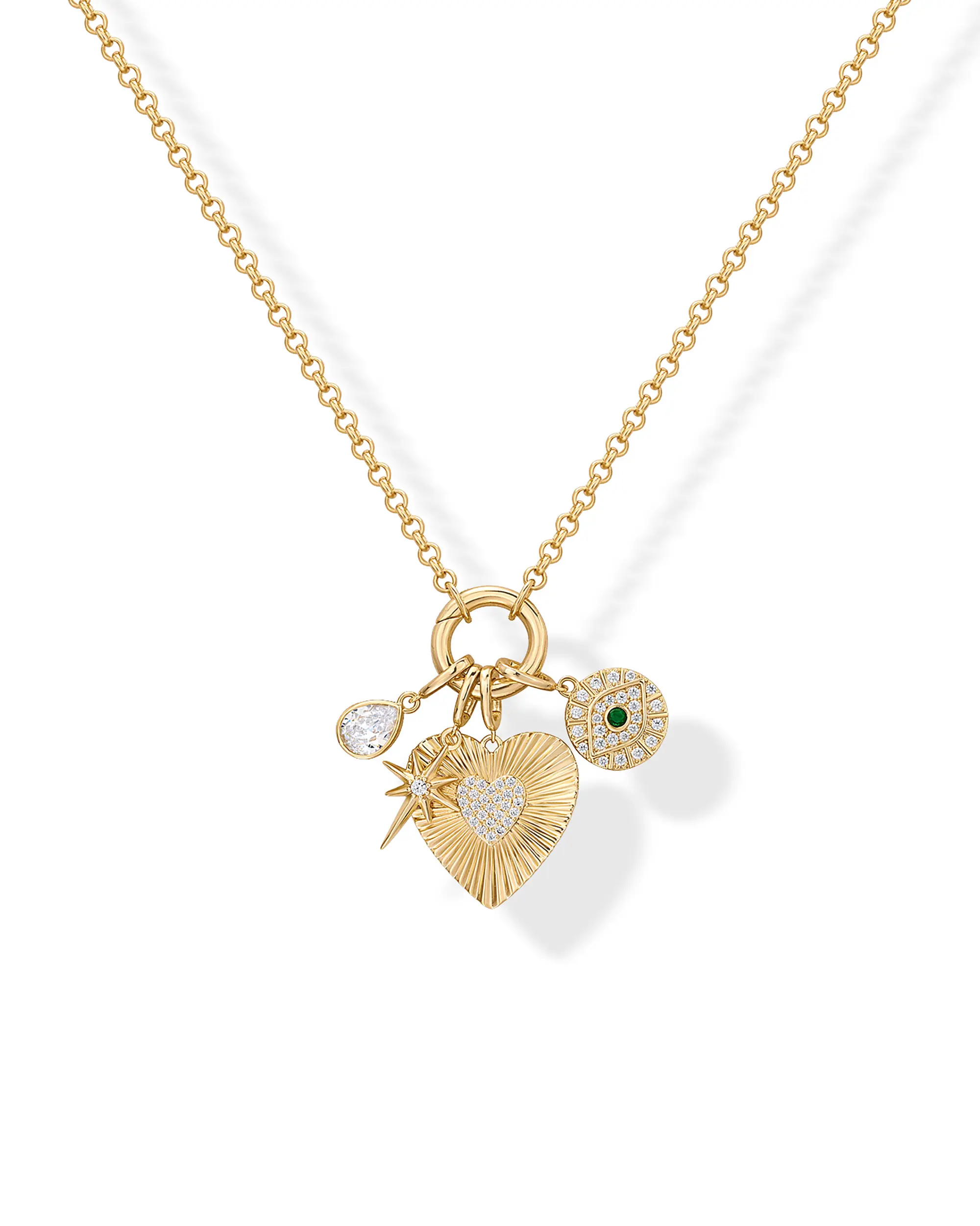 PAVOI 14K Gold Plated Chunky Charm & Toggle Pendant Necklace for Women - Chain Heart, Star, Gemstone Evil Eye, Teardrop Cubic Zirconia Pendant Gold Charms Necklaces - Valentines Day Trendy Jewelry