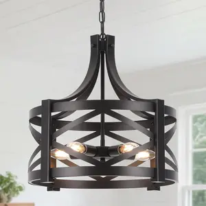 Black Chandelier, 5-Light Modern Industrial Farm Pendant Light Adjustable Chain for Dining Room Living Room Kitchen Island