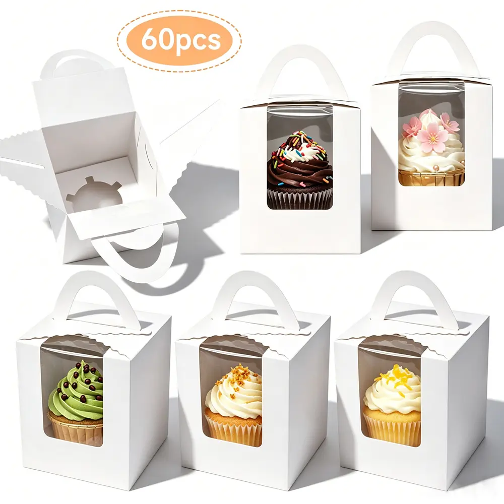 Pack of 60 Cupcake Boxes Individual Disposable White Single Box with Window 3.6 * 3.6 * 4.3inch Cupcake Containers/Holders