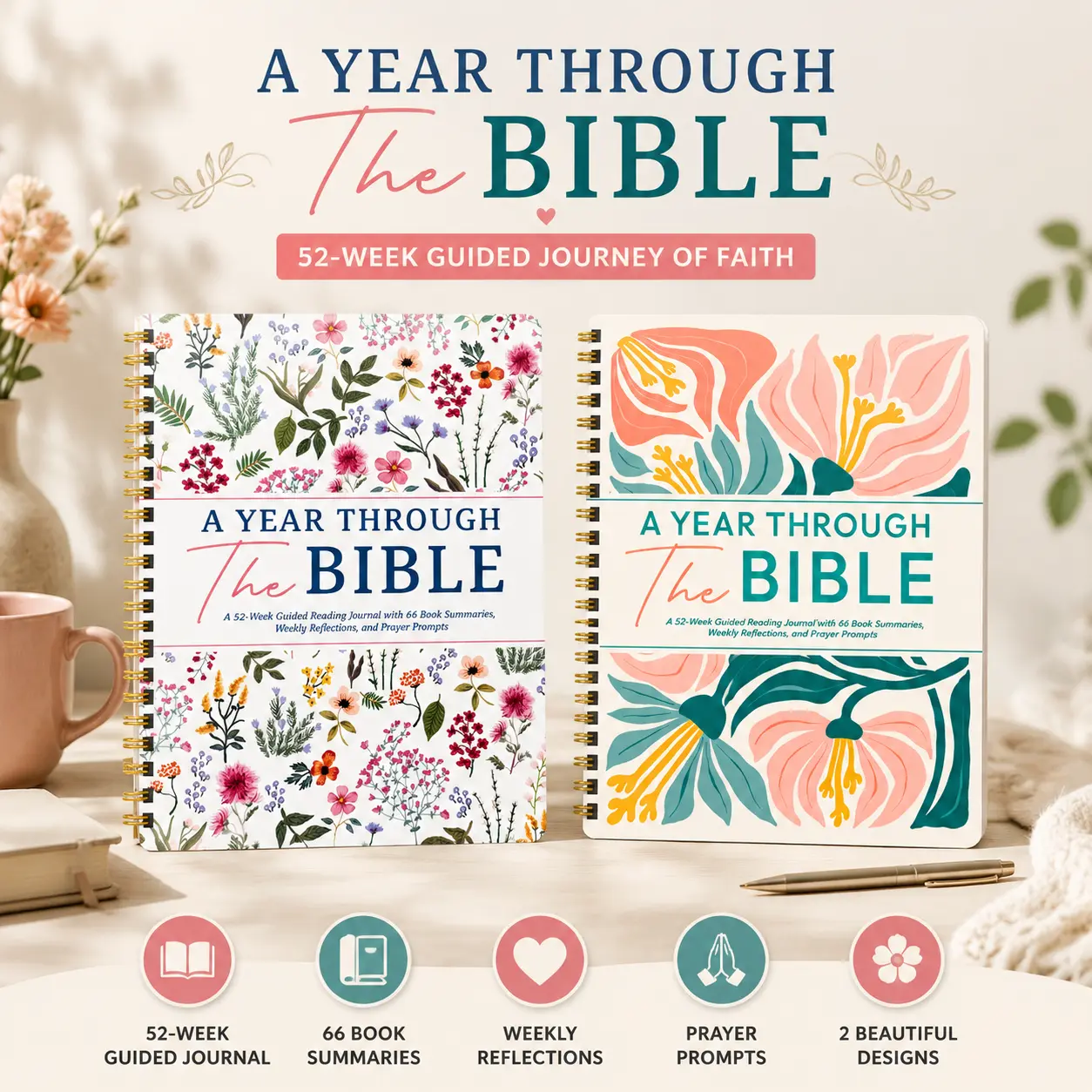 2027 A Year Through The Bible 52-Week Guided Reading Journal with 66 Book Summaries & Prayer Prompts - Floral Aesthetic Spiral Bible Study Notebook & Daily Devotional Prayer Journal, Christian Gift for Women