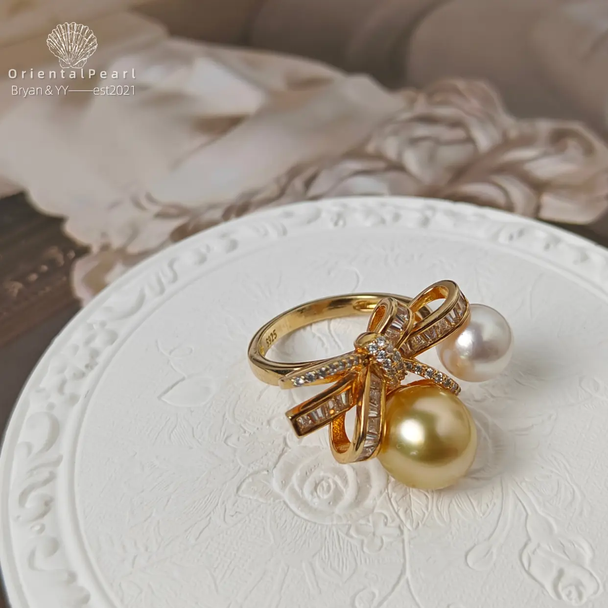 R15-Royal Bow Pearl Ring-South Sea Golden Pearl,S925 Gold Vermeil,Sculptural Bow Design,Luxury Statement Jewelry