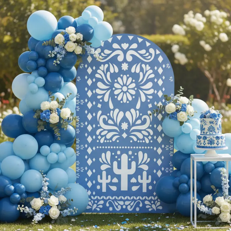 Cielito Lindo Arch Backdrop Cover Round Top Talavera Flower Design Doubleside Cover for Mexican Theme Fiesta Wedding Baby Shower Birthday Party Decor