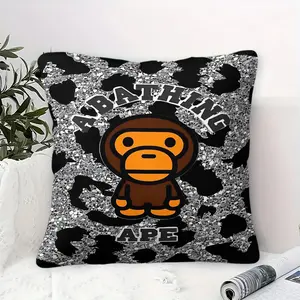 Stylish Digital Printed Throw Pillow featuring a Unique Brown Ape Character with Orange Accents, Contain Pillow Core, Set Against a Black and White Abstract Background, Perfect for Home Decor, Sofa, or Bedroom Accent.