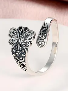 Vintage Bohemian 925 Silver Plated Butterfly Open Ring for Women, Adjustable Hypoallergenic Fashion Jewelry Gift, Statement Ring Vintage Rings