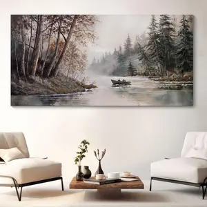 Framed Mountain Canvas Wall Art Rustic Lake Landscape - Nature & Forest Scenery Paintings Pictures For Living Room & Bedroom Wall Decor Vintage Artwork For Walls Easy To Hang Blue poster