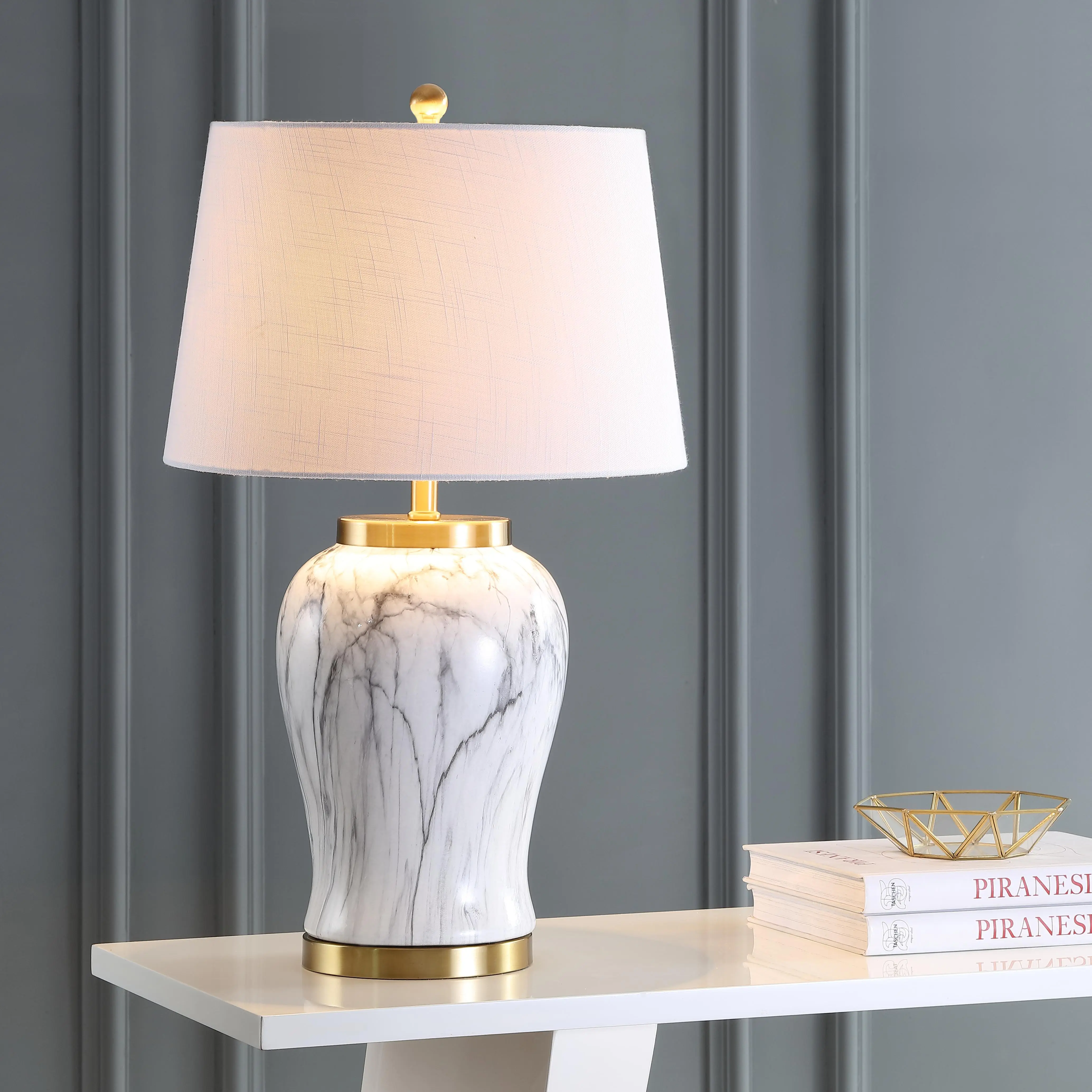 JONATHAN Y Prague 28" Ceramic Marble Table Lamp, White/Gold | Faux Hand-Painted Base, Linen Drum Shade, Metal Construction, Rotary Switch, LED Bulb Included, Silk-Wrapped Cord