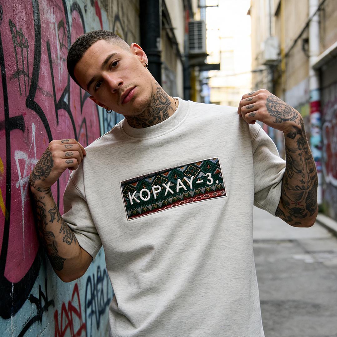 Men's Oversized Embroidered KOPXAY-3 Graphic Tee, Vintage Streetwear Cotton T-Shirt