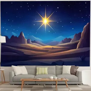 1pc 2D Flat Starry Night Nativity Scene Polyester Banner - Vibrant Desert Landscape with Golden Sun, Ideal for Home & Party Decor, Versatile Wall Art for Living Room, Garden, or Event Backdrop White Tapestry