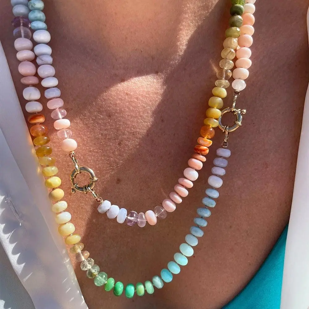 Colorful Natural Stone Gemstone Beaded Necklace for Women, Boho Rainbow Necklace, Handmade Style Summer Layering Jewelry Gift