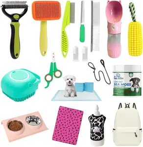 18Pcs Puppy Starter Kit - Pet Essentials for Small Dogs in Random Colors - Includes 9Pcs Grooming Set, Dual Bowl, Water Bottle, Blanket, Dog Pads, Collar, Sea Moss Food Topper & More