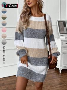 women's colorblock striped print drop shoulder sweater dress, elegant fashion casual long sleeve round neck knit dress for daily outdoor wear, dresses for women, women crewneck knitwear for fall & winter