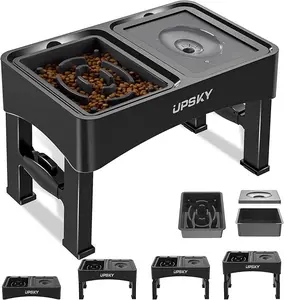 URPOWER 3-in-1 Elevated Dog Bowls Mess Proof Double Deck 4 Height Adjustable Raised Stand with 2 Stainless Steel Food Bowls & Licking Plate for Small Medium & Large Dogs